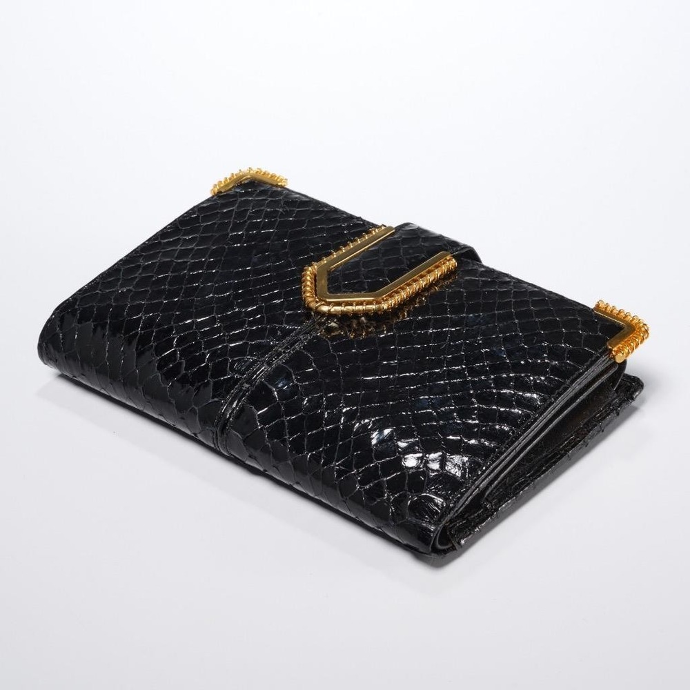 Judith Leiber Black Snakeskin Leather Ladies Tri-Fold Wallet Gold Tone Hardware - Picture 3 of 6